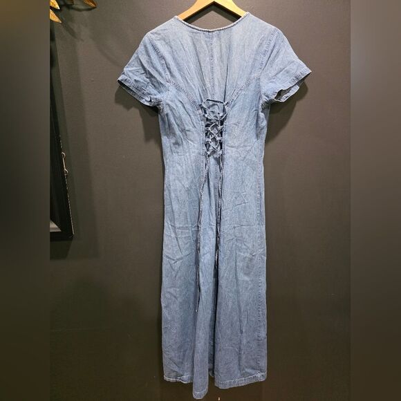 Vintage Cotton Denim Maxi Button Up Maxi dress Sz L Chambray V Neck Short Sleeve - Picture 11 of 13